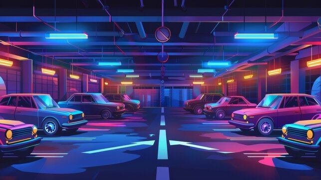 Retro cars parked at underground parking. Modern cartoon illustration of dark basement at night, many cars illuminated with lamps, crossing sign on ground, arrows drawn on road.