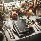Fototapeta Londyn - fine dining table setting of luxury fancy restaurant menu invitation card mockup for weddings and romantic