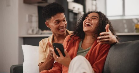 Sticker - Home, celebration and couple with a smartphone, funny and love with good news and email notification in a lounge. Apartment, man and woman on a couch, laugh or cellphone with relationship and excited