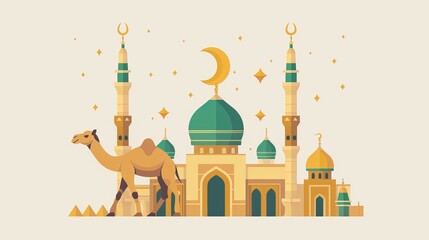 For Ramadan, a camel and colorful mosque are designed in a flat style