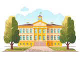 Fototapeta Natura - The front view of the design of government school buildings in western countries. 2d flat illustration style.