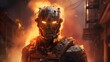 A humanoid robot firefighter bravely entering a burning building to rescue trapped individuals, displaying heroism and courage.