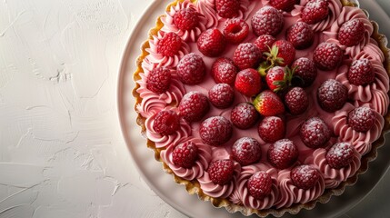   A white table bears a cake atop a plate, its surface adorned with frosting and a scattering of raspberries