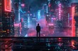 © Saranpong - Solitary figure standing in futuristic cityscape with neon lights and rain, evoking cyberpunk aesthetics