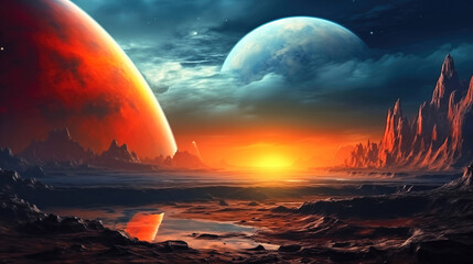 Wall Mural - landscape of an alien planet, view of another planet surface, science fiction background.