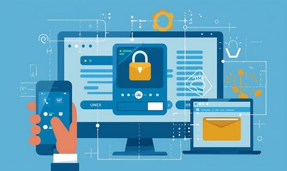 Illustration Seamless 2FA Login Process, User inputs credentials on computer, receives and enters verification code on mobile for secure login