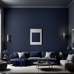  A living room or business lounge designed in deep, dark colours featuring a combination of navy blue and grey design. The empty wall serves as a mockup, allowing for a painted background design. 