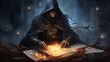 A dark figure in a black robe is studying a book of dark magic.