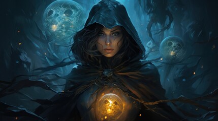 A dark fantasy sorceress with glowing blue eyes and a glowing orb in her hand.