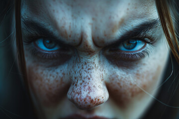 Canvas Print - A woman with blue eyes and a scruffy, angry expression