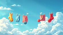 Banner Background National Laundry Day Theme, And Wide Copy Space, A Funny Illustration Of A Clothesline With Clothes Blowing In The Wind, One Sock Escaping And Flying Away, 