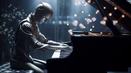 A robotic musician playing a beautiful melody on a grand piano, captivating audiences with its skillful performance.