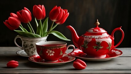 Wall Mural -  Cozy tea time with vibrant red accents