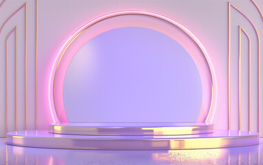 3D rendering sci-fi technology minimalist blue and gold stage podium with purple light.