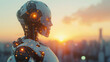 A robot with glowing eyes stands in front of a city skyline at sunset