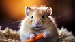 A satisfied hamster is gnawing on a carrot stick.