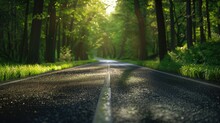 Road Forest, Road In The Forest, A Highway Road Passes Through A Forest, Blurred Lens Flare Light, Sunlight Morning, Sun Rising,	