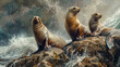 Stellar sea lions on rocks