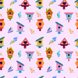 seamless pattern of different wooden birdhouses, hand-drawn for the decoration of children's spring holidays, decor and design of gift packaging and postcards
