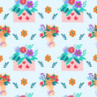 seamless pattern of cute hand-drawn bouquets of flowers and flowers in envelopes, greeting card and design elements for spring holidays, For design of packaging, wallpaper, product design