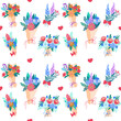 seamless pattern of cute hand-drawn bouquets of flowers and flowers in envelopes, greeting card and design elements for spring holidays, illustrations in a flat Spring postcard.