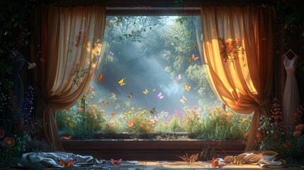 Wall Mural -  window frame with forest view, butterflies exiting, cat napping on sill