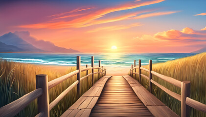 Sunset View over Ocean from Beach Boardwalk