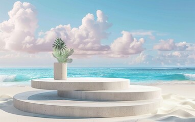 Wall Mural - Summer tropical background, Podium on sand beach on sea background, Mock up for the exhibitions, Presentation of products, 3d render 