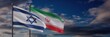 Israeli and Iranian flags displayed against blue sky with clouds, 3D render