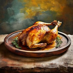 Wall Mural - A delectable roast chicken plated elegantly on a weathered wooden dish, juxtaposed against a textured acrylic painting with earthy tones and subtle gradients, creating a harmonious composition of food