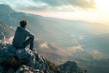 Young man looking out at the view from top of the mountain. AI generative