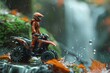 Bokeh orange theme, full body, punk girl stands next to an ATV against the backdrop view of maple jungle waterfall scenes, 