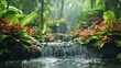 Closeup focus shot of a stream flowing through a lush forest Inspired by Christophe Vachers fantasy art, 