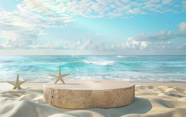 Wall Mural - Summer tropical background, Podium on sand beach on sea background, Mock up for the exhibitions, Presentation of products, 3d render