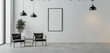 A gallery space with minimalist decor, featuring a blank empty wall frame mockup suspended against a pristine white wall, exuding understated elegance and potential