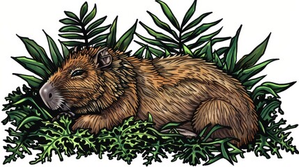 Wall Mural -   A brown-and-black animal rests atop a lush, green grassy expanse beside verdant leafy plants