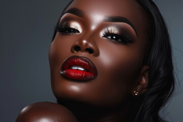 Stunning Beauty Portrait of African American Woman with Luminous Makeup and Red Lips