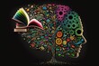 Rainbow Face Brain Art: Psychedelic Open Book with Colorful Explosion and Composition