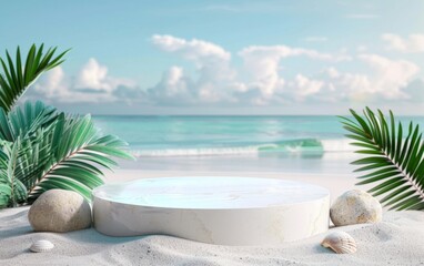 Wall Mural - Summer tropical background, Podium on sand beach on sea background, Mock up for the exhibitions, Presentation of products, 3d render