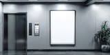 Fototapeta  - White blank digital advertising screen in an elevator with stainless steel door, A blank white billboard on white wall, Mock up Billboard Media Advertising Poster banner template