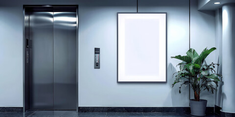 Wall Mural - White blank digital advertising screen in an elevator with stainless steel door, A blank white billboard on white wall, Mock up Billboard Media Advertising Poster banner template