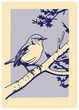 Pastel blue sparrow on a branch. Colorful, flat, 2d vector illustration. Ideal for poster, invitation card, wedding.