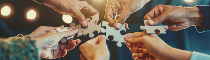 Hands of diverse team members joining puzzle pieces, symbolic of collaboration, under office lights