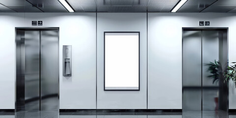 Canvas Print - White blank digital advertising screen in an elevator with stainless steel door, A blank white billboard on white wall, Mock up Billboard Media Advertising Poster banner template