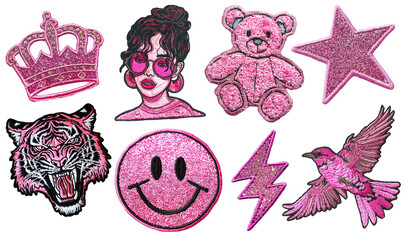 fashion pink embroidered patch badge set on transparent background