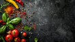 Spices and vegetables isolated on black stone cooking background. Copy space for your text.