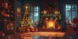 Cozy Christmas Morning Scene with Twinkling Tree and Gifts in Warm Firelit Living Room