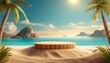 Beach podium summer background sand product 3D sea display platform. Beach podium summer banner stand scene sale sky holiday vacation stage water island sun travel pedestal promotion presentation ad 