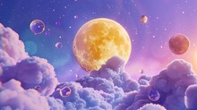 A Whimsical Cartoon Illustration Of A Yellow Moon With Craters, Floating In A Sky Filled With Colorful Purple