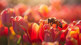 Fototapeta Motyle - Bees on bright tulip flowers, golden hour shine, careful pollen collection, detailed, vibrant focus